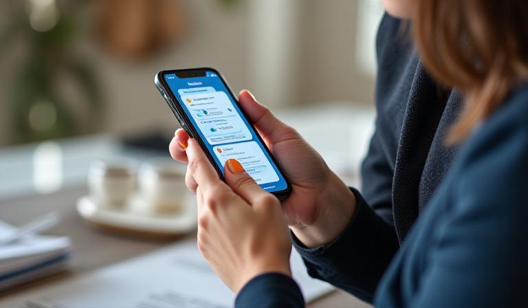 Busy professional checking habit progress on mobile app